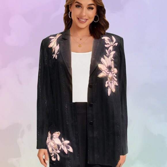 Customized Handcrafted Floral Applique Embellished Black Blazer Sz 16 - Picture 2 of 6